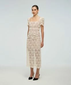 Self-portrait READY TO WEAR Ivory Guipure Fitted Midi Dress