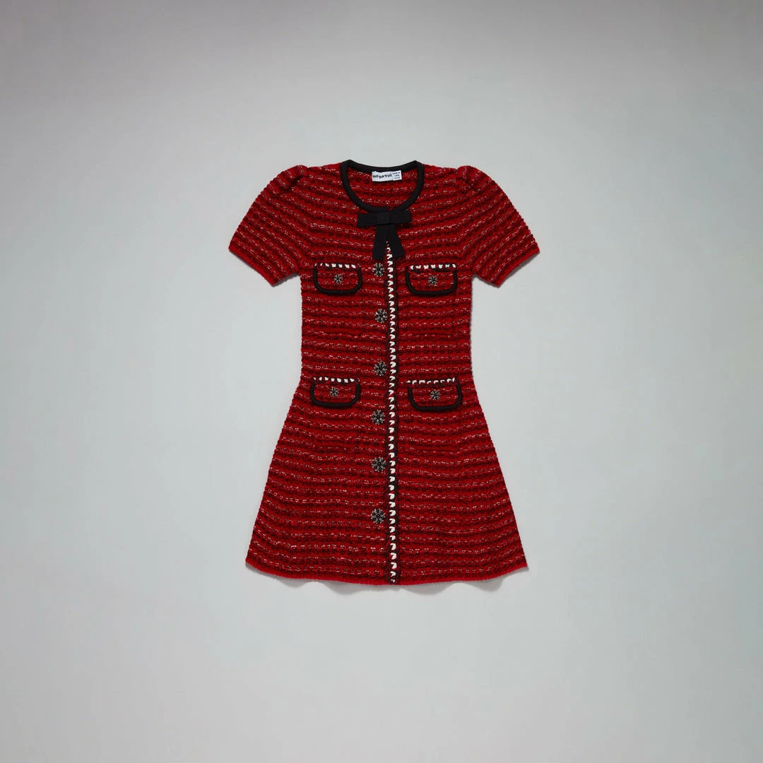 Self-portrait Red Melange Contrast Trim Knit Dress KIDS