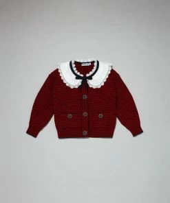 Self-portrait Red And Navy Knit Cardigan