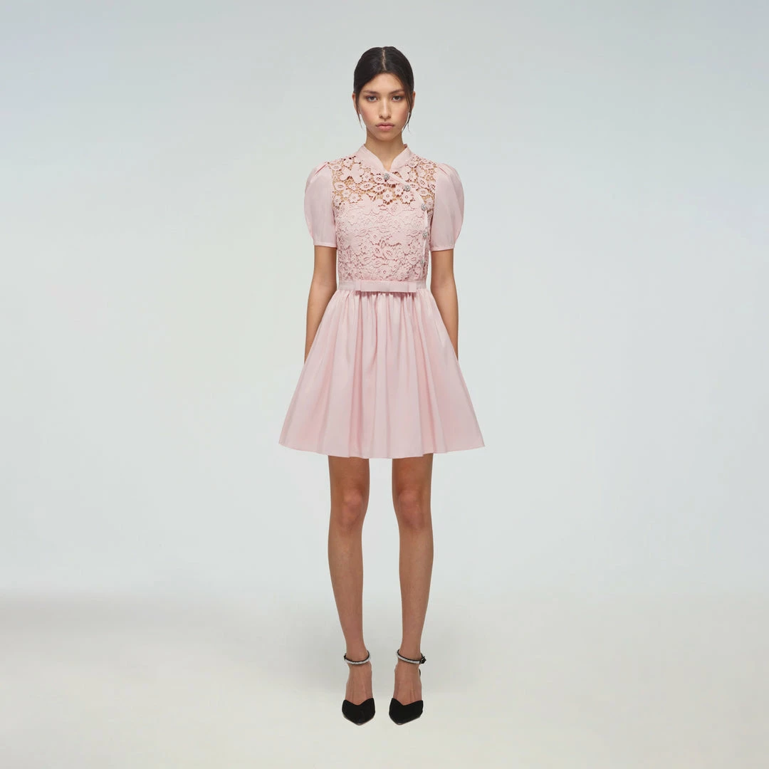 Self-portrait Pink Guipure Lace Taffeta Mini Dress