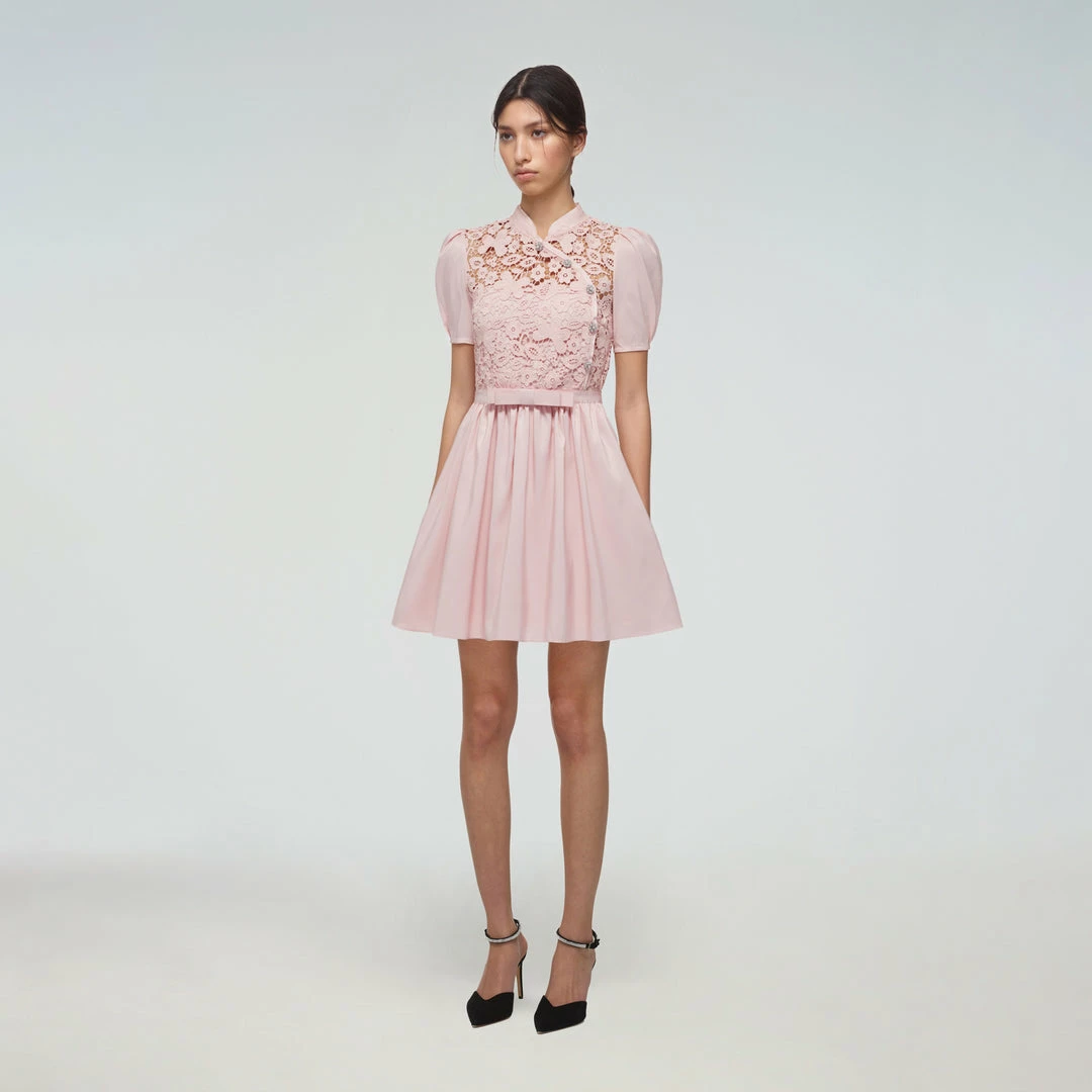 Self-portrait Pink Guipure Lace Taffeta Mini Dress