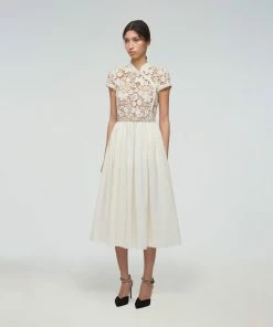 Self-portrait Ivory Guipure Lace And Taffeta Midi Dress