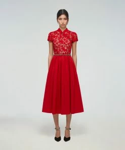Self-portrait READY TO WEAR Red Guipure Lace And Taffeta Midi Dress
