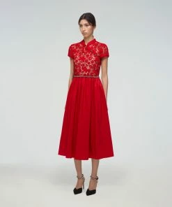 Self-portrait READY TO WEAR Red Guipure Lace And Taffeta Midi Dress