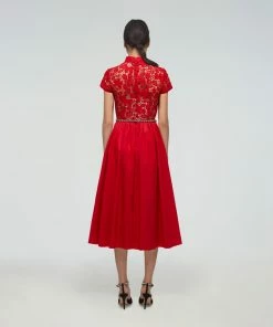Self-portrait READY TO WEAR Red Guipure Lace And Taffeta Midi Dress