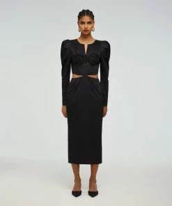 Self-portrait Black Cotton Cut Out Midi Dress READY TO WEAR