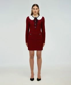 Self-portrait READY TO WEAR Red And Navy Stripe Fitted Knit Dress