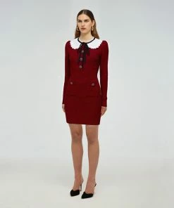 Self-portrait READY TO WEAR Red And Navy Stripe Fitted Knit Dress