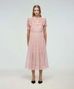 Self-portrait Pink Broderie Chiffon Midi Dress Dresses