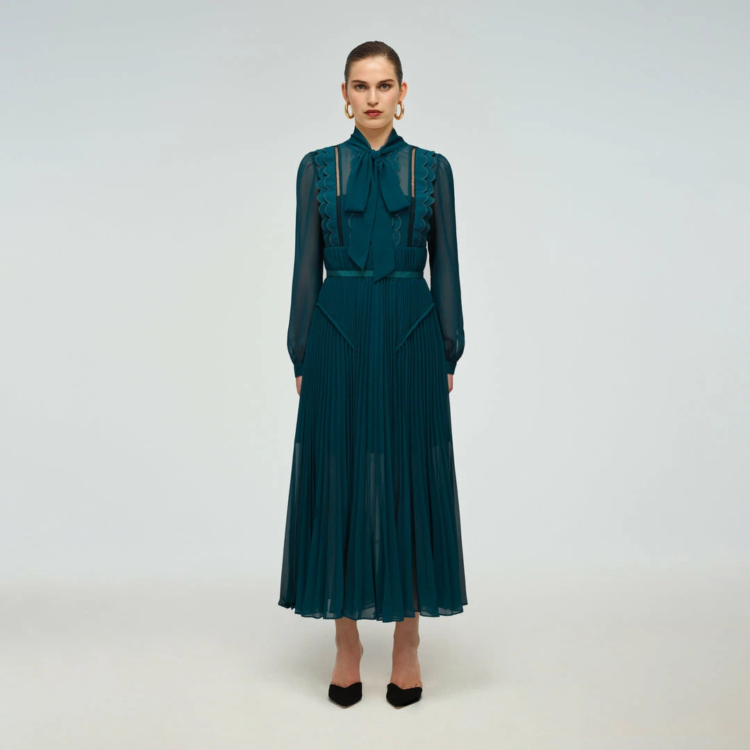 Self-portrait Teal Chiffon Scallop Midi Dress READY TO WEAR