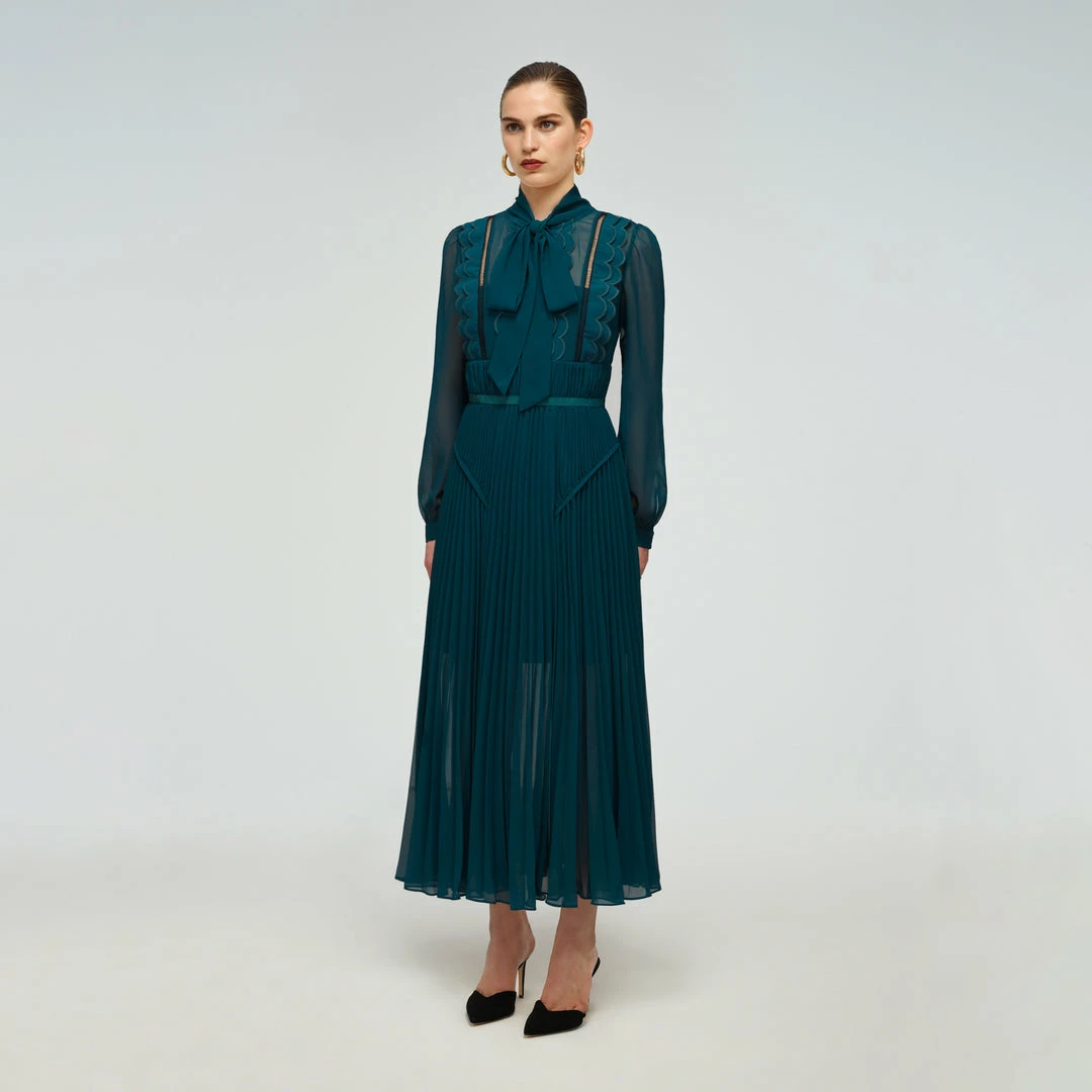 Self-portrait Teal Chiffon Scallop Midi Dress READY TO WEAR