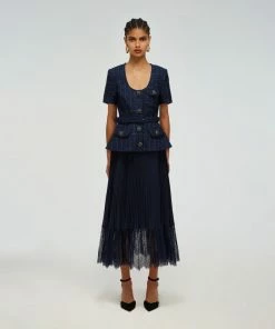 Self-portrait READY TO WEAR Navy Metallic Boucle Tailored Midi Dress