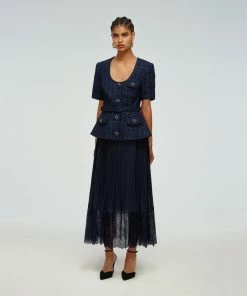 Self-portrait READY TO WEAR Navy Metallic Boucle Tailored Midi Dress