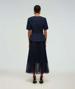 Self-portrait READY TO WEAR Navy Metallic Boucle Tailored Midi Dress