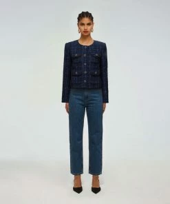 Self-portrait Navy Metallic Boucle Cropped Tailored Jacket READY TO WEAR
