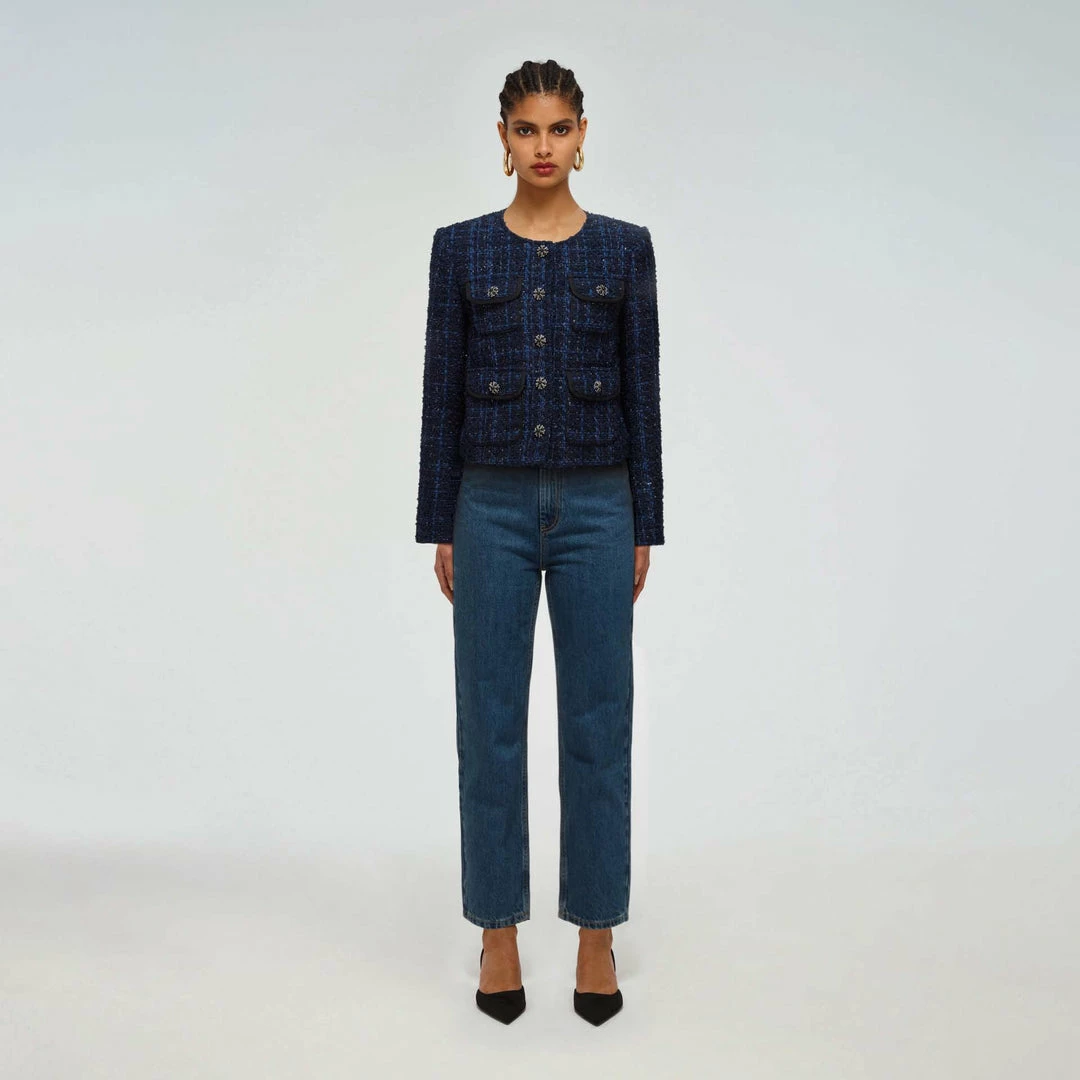 Self-portrait Navy Metallic Boucle Cropped Tailored Jacket READY TO WEAR