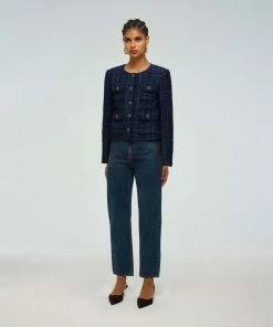 Self-portrait Navy Metallic Boucle Cropped Tailored Jacket READY TO WEAR