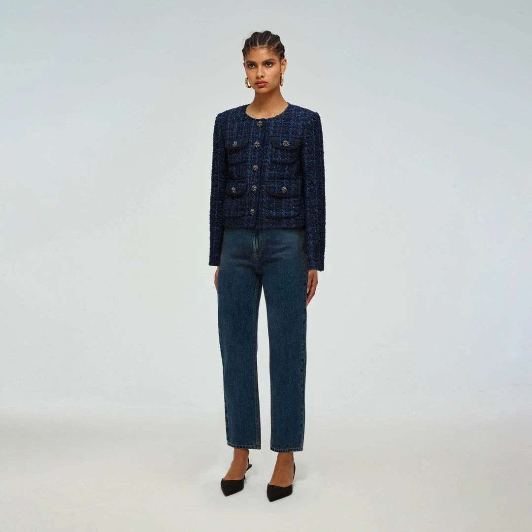 Self-portrait Navy Metallic Boucle Cropped Tailored Jacket READY TO WEAR