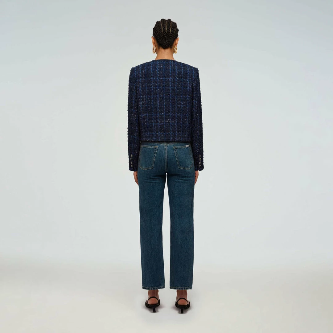 Self-portrait Navy Metallic Boucle Cropped Tailored Jacket READY TO WEAR