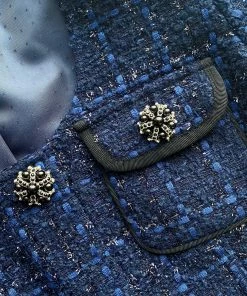 Self-portrait Navy Metallic Boucle Cropped Tailored Jacket READY TO WEAR