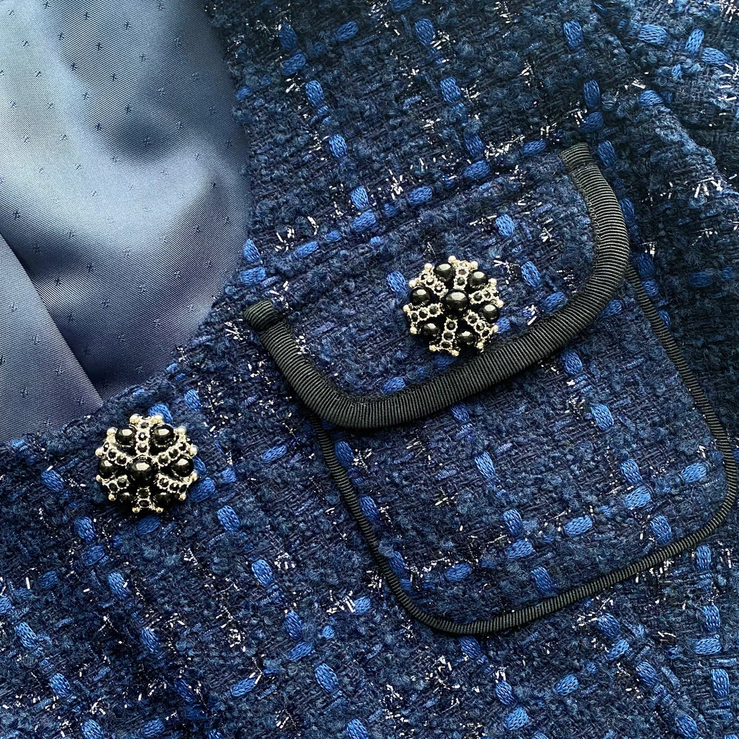 Self-portrait Navy Metallic Boucle Cropped Tailored Jacket READY TO WEAR