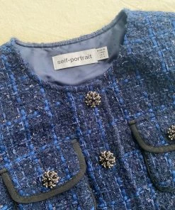 Self-portrait Navy Metallic Boucle Cropped Tailored Jacket READY TO WEAR