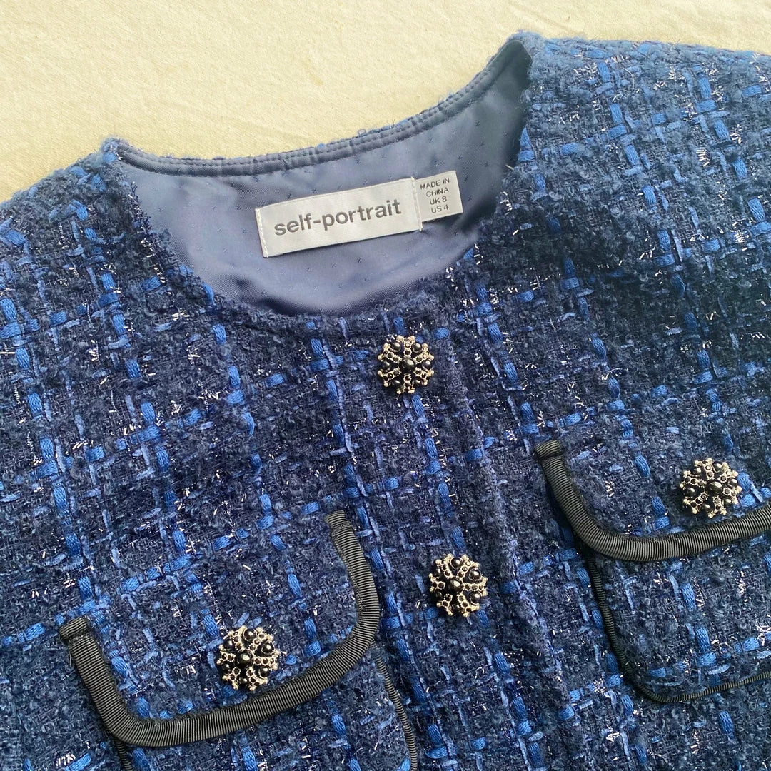 Self-portrait Navy Metallic Boucle Cropped Tailored Jacket READY TO WEAR