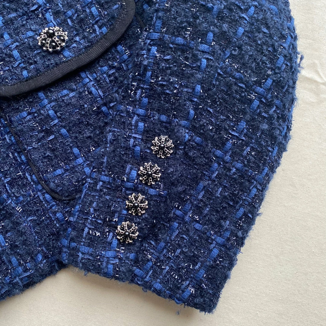 Self-portrait Navy Metallic Boucle Cropped Tailored Jacket READY TO WEAR