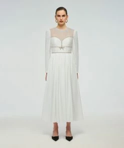 Self-portrait READY TO WEAR White Diamante Trim Midi Dress