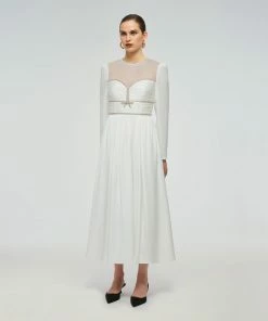 Self-portrait READY TO WEAR White Diamante Trim Midi Dress