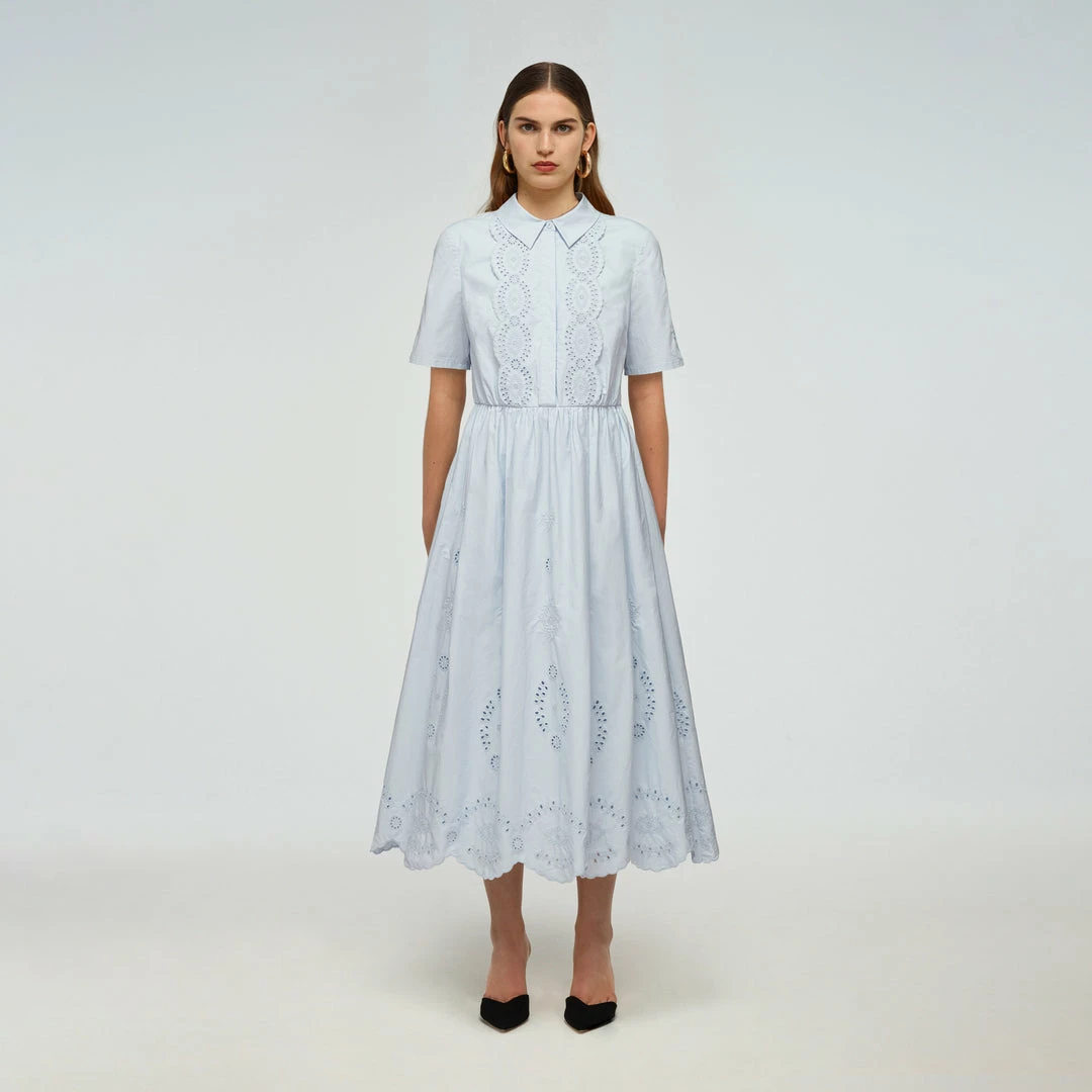 Self-portrait Blue Cotton Broderie Midi Dress