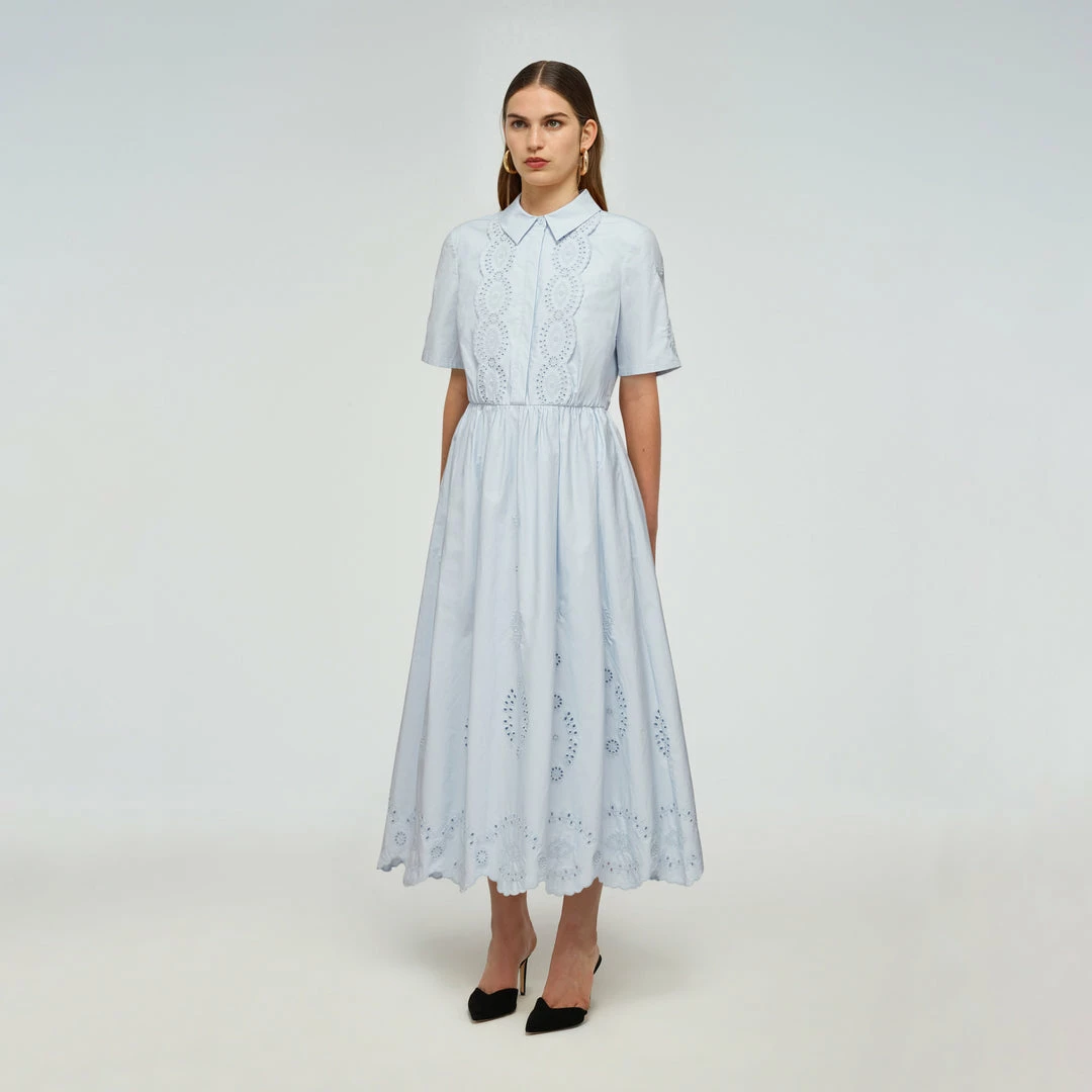 Self-portrait Blue Cotton Broderie Midi Dress