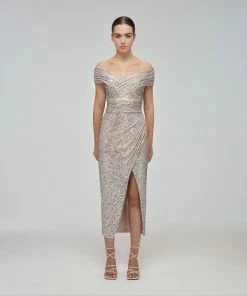 Self-portrait Sequin Off-Shoulder Wrap Midi Dress