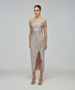 Self-portrait Sequin Off-Shoulder Wrap Midi Dress