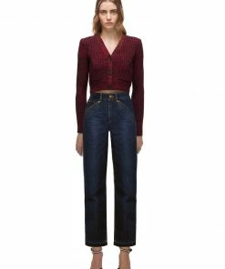 Self-portrait Red Ribbed Knit V Neck Cardigan