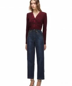 Self-portrait Red Ribbed Knit V Neck Cardigan