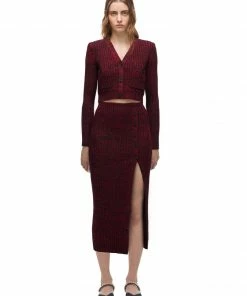 Self-portrait Red Ribbed Knit Buttoned Midi Skirt