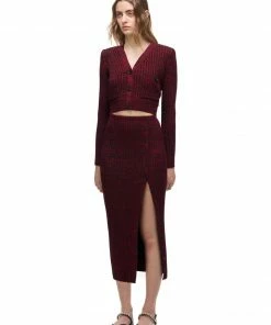 Self-portrait Red Ribbed Knit Buttoned Midi Skirt