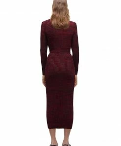 Self-portrait Red Ribbed Knit Buttoned Midi Skirt