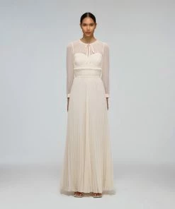 Self-portrait Ivory Chiffon Pleated Maxi Dress