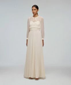 Self-portrait Ivory Chiffon Pleated Maxi Dress