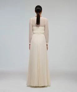 Self-portrait Ivory Chiffon Pleated Maxi Dress