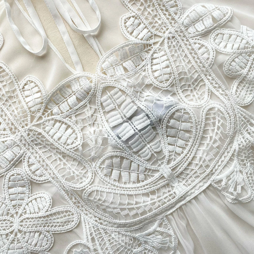 Self-portrait White Macrame Lace Chiffon Blouse READY TO WEAR