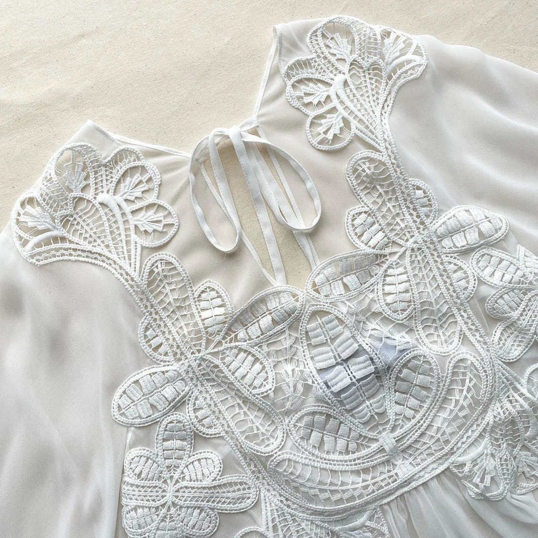 Self-portrait White Macrame Lace Chiffon Blouse READY TO WEAR