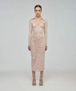 Self-portrait READY TO WEAR Taupe Jersey Gathered Midi Dress