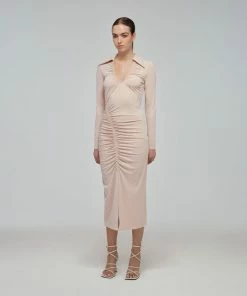 Self-portrait READY TO WEAR Taupe Jersey Gathered Midi Dress