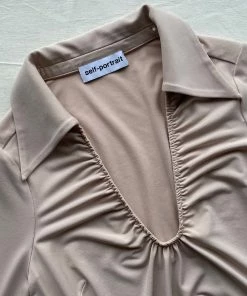 Self-portrait READY TO WEAR Taupe Jersey Gathered Midi Dress