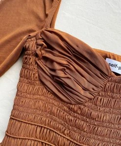 Self-portrait READY TO WEAR Caramel Shirred Power Mesh Midi Dress