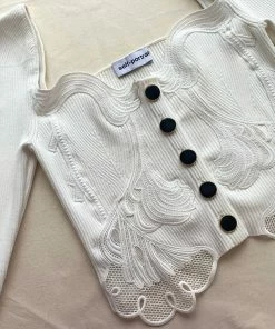 Self-portrait White Inserted Lace Ribbed Knit Cardigan READY TO WEAR