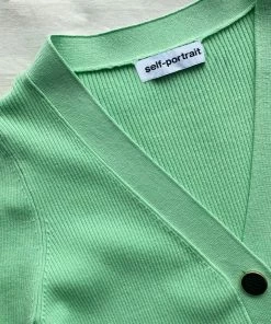 Self-portrait READY TO WEAR Spearmint Inserted Lace Ribbed Knit Cardigan